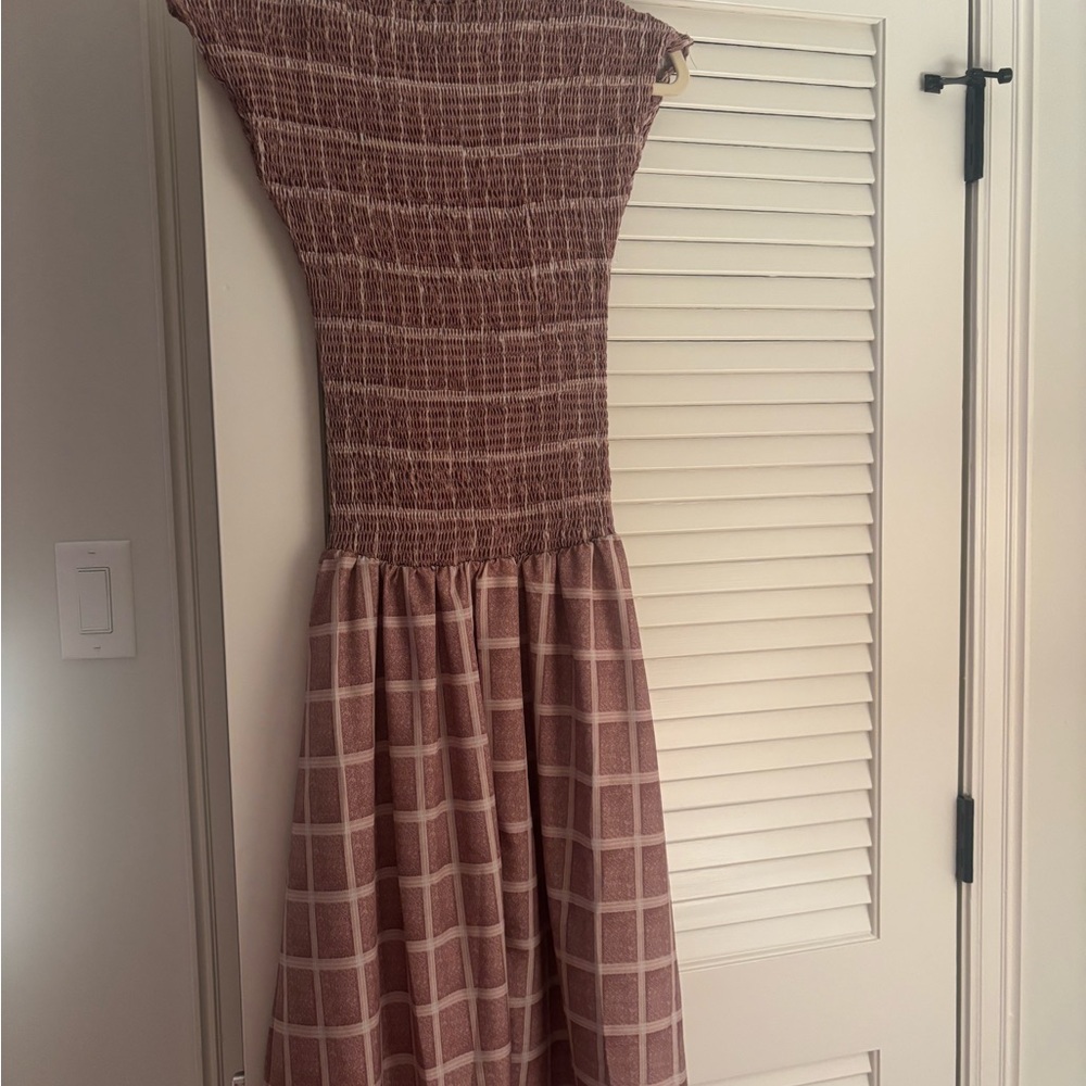 Smocked Bodice Maxi Dress in Dusty Rose Plaid - Picture 3 of 3